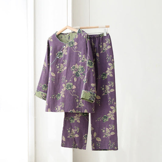 Elegant Floral Cotton Gauze Pajama Set