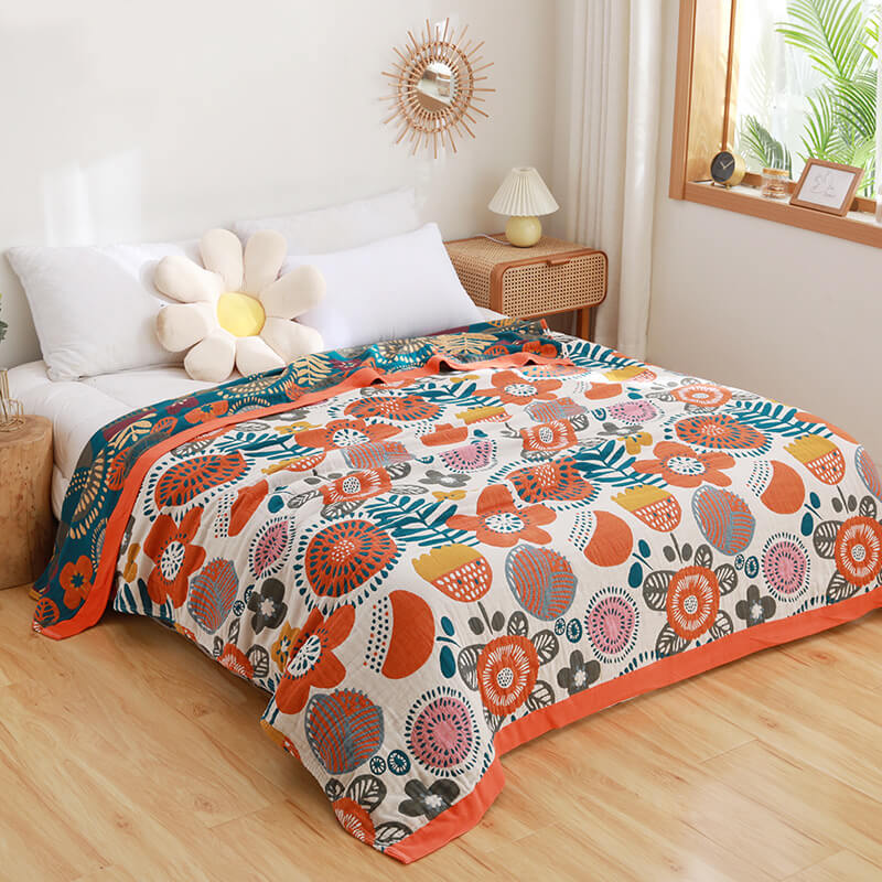 reversible quilt 110x180cm tea flower red orange