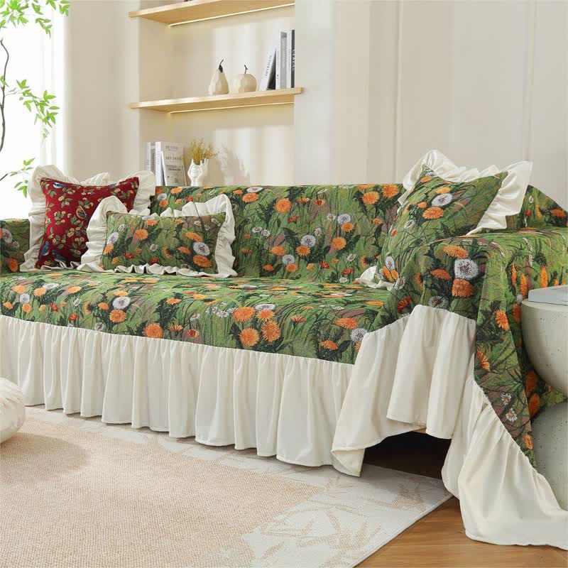 Rural Dandelion Ruffled Sofa Cover
