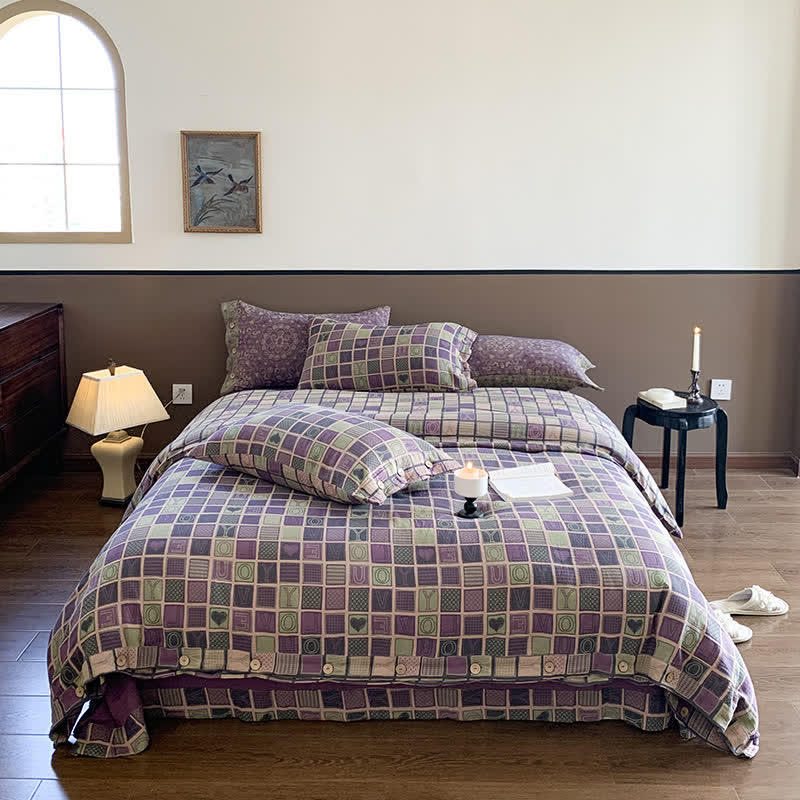 Cotton Gauze Jacquard Checkerboard Bedding Set(4PCS)