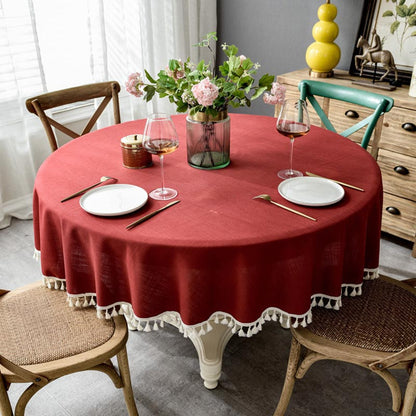 Christmas Round Tablecloth Washable Table Cover with Tassel