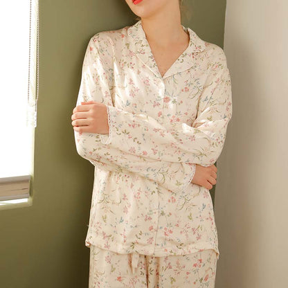 Ownkoti Floral Satin V-Neck Long Sleeve Loungewear