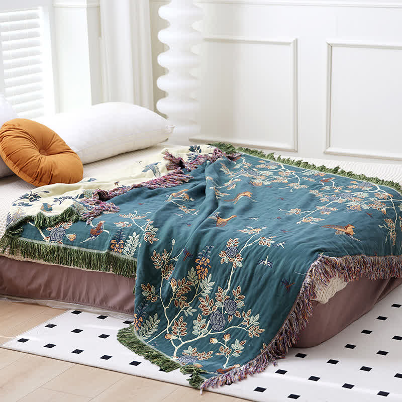 Bird & Flower Cotton Gauze Reversible Quilt