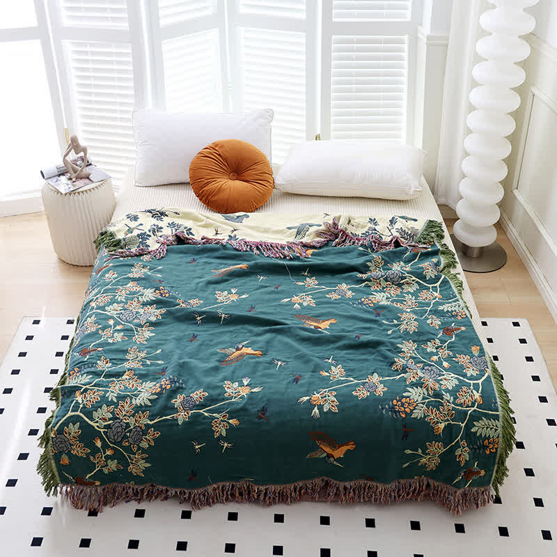 Bird & Flower Cotton Gauze Reversible Quilt