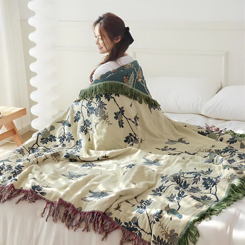 Bird & Flower Cotton Gauze Reversible Quilt