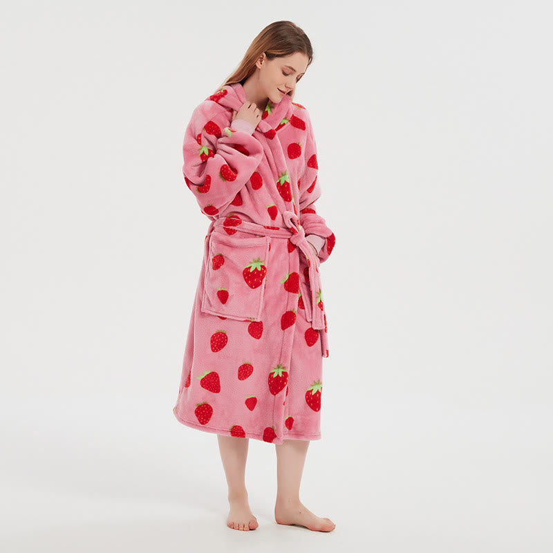 Strawberry Flannel Soft Hooded Bathrobe