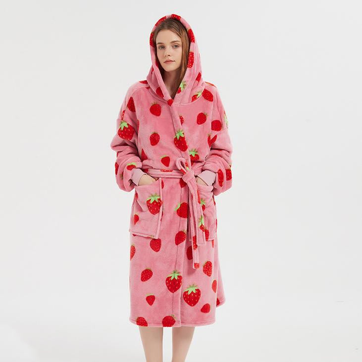 Strawberry Flannel Soft Hooded Bathrobe