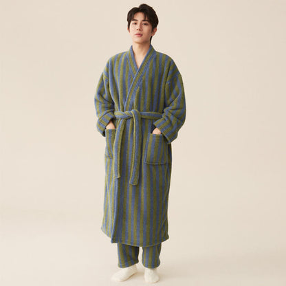 Winter Fleece Modern Stripe Long Bathrobe