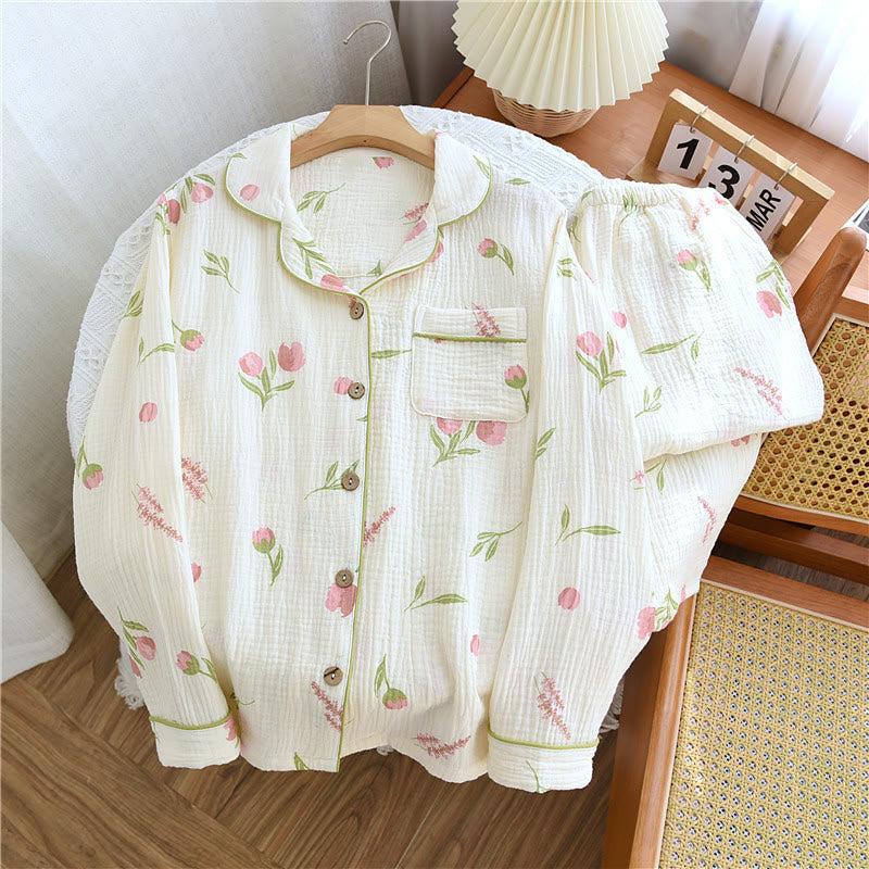 Double Layer Cotton Gauze Tulip Nightwear Set