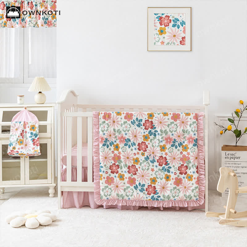 Girly Pink Cotton Crib Bedding Set(3PCS)