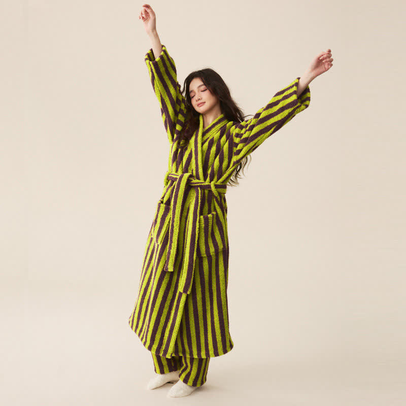 Winter Fleece Modern Stripe Long Bathrobe