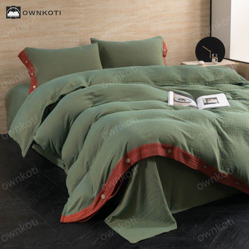 Cotton Gauze Solid Color Button Bedding Set (4PCS)