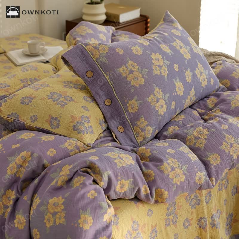 Jacquard Floral Button Cotton Gauze Bedding Set (4PCS)