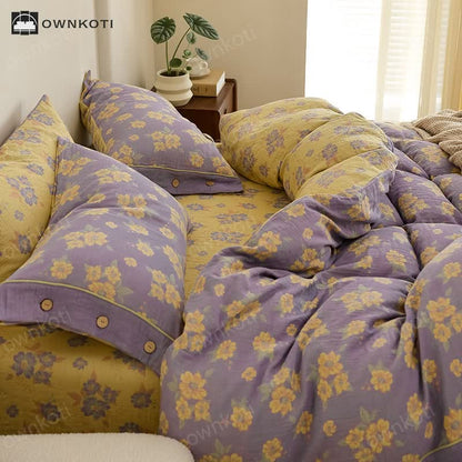 Jacquard Floral Button Cotton Gauze Bedding Set (4PCS)