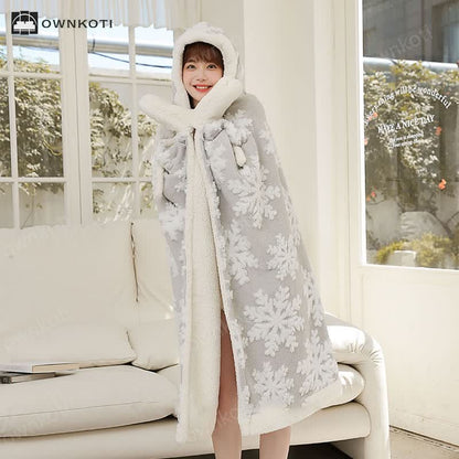 Snowflake Hooded & Gloved Fleece Shawl Blanket