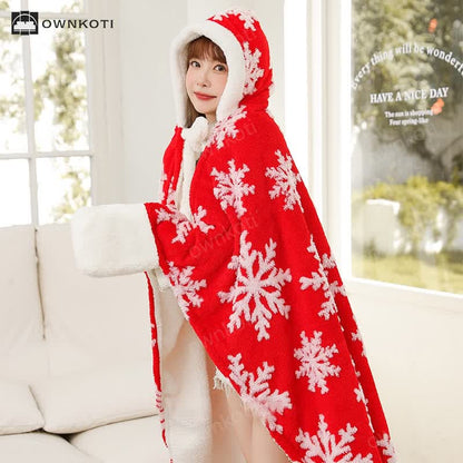 Snowflake Hooded & Gloved Fleece Shawl Blanket