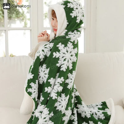 Snowflake Hooded & Gloved Fleece Shawl Blanket