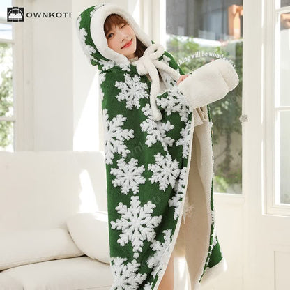 Snowflake Hooded & Gloved Fleece Shawl Blanket