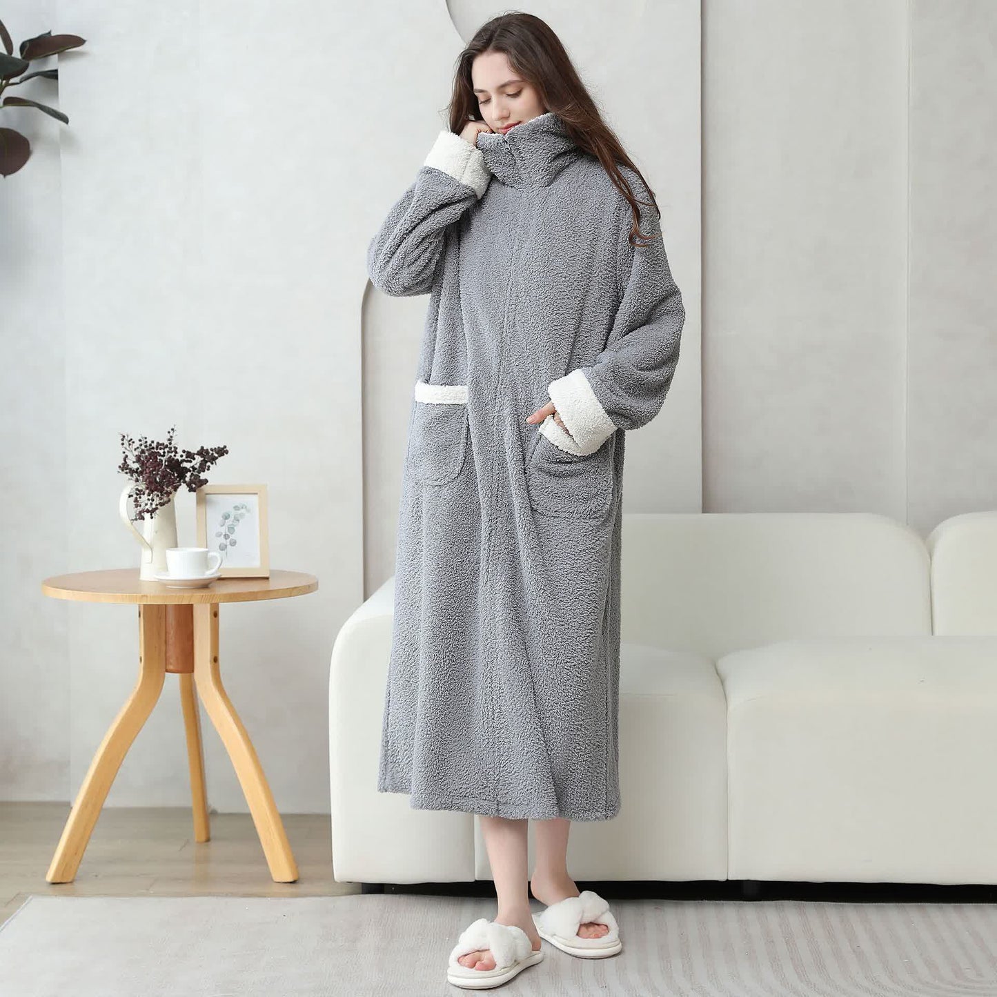 Soft Fleece Warm Zippered Long Nightgown