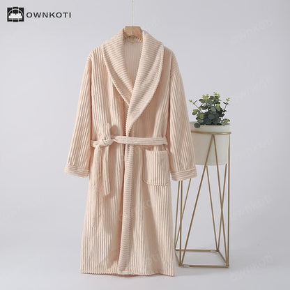 Solid Color Vertical Striped Flannel Bathrobe