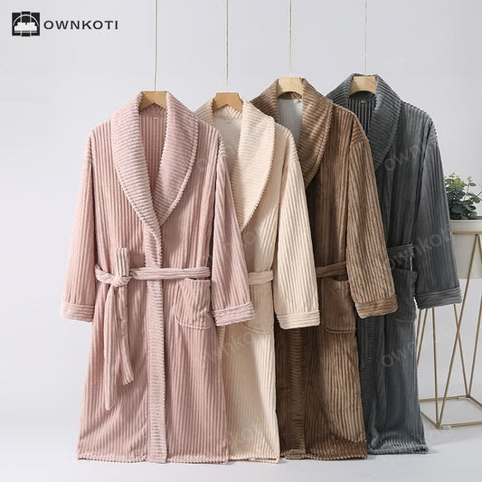 Solid Color Vertical Striped Flannel Bathrobe