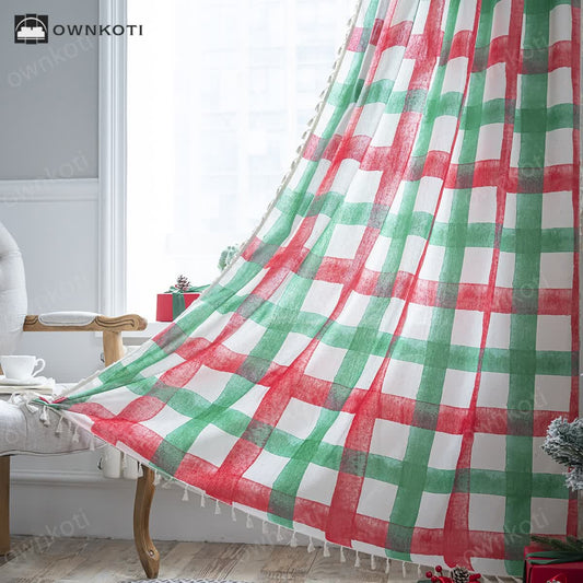 Cotton Christmas Plaid Semi-shading Curtain