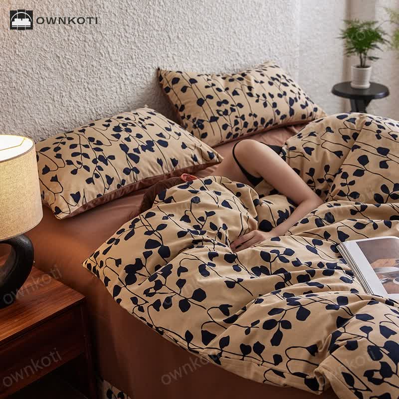 Brushed Cotton Black Leaves Bedding Set (4PCS)