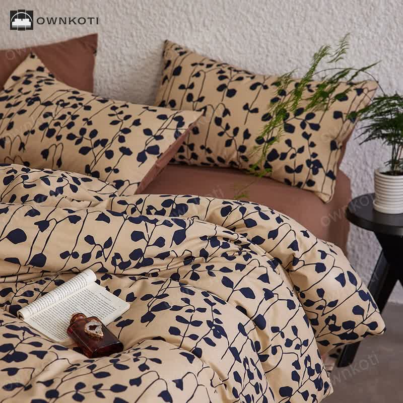 Brushed Cotton Black Leaves Bedding Set (4PCS)