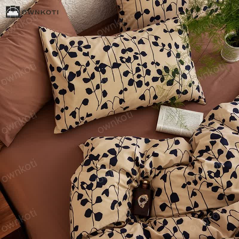 Brushed Cotton Black Leaves Bedding Set (4PCS)