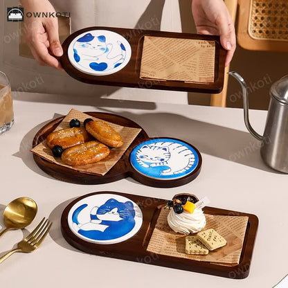 Cute Cat Wooden Breakfast Snack Tray