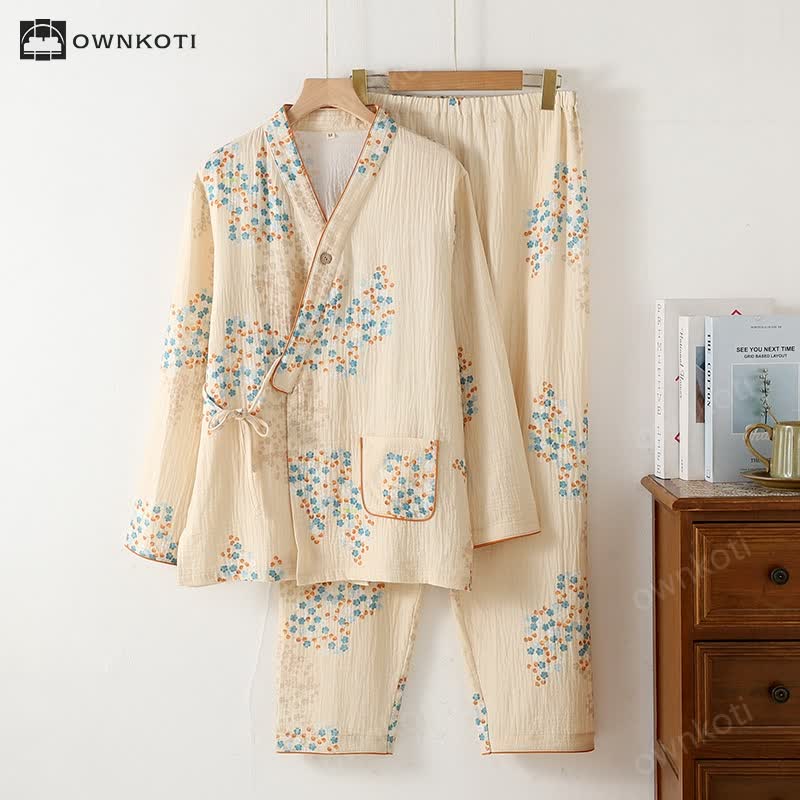 Cotton Kimono Long Sleeve Floral Pajama Set