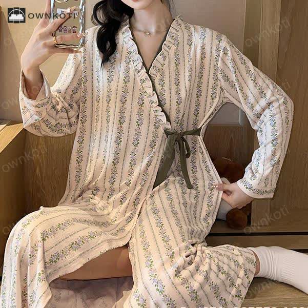 Cross-front Long Sleeve Floral Nightgown