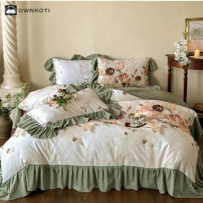 Brushed Cotton Floral Lace Edge Bedding Set (4PCS)