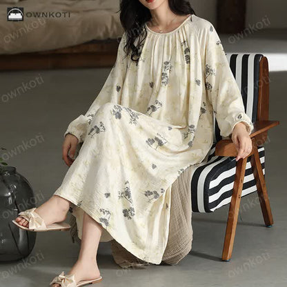 Round Neckline Cotton Nightgown with Chest Pads