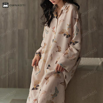 Cotton Gauze Butterfly Long Nightgown