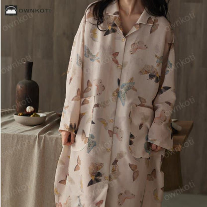 Cotton Gauze Butterfly Long Nightgown