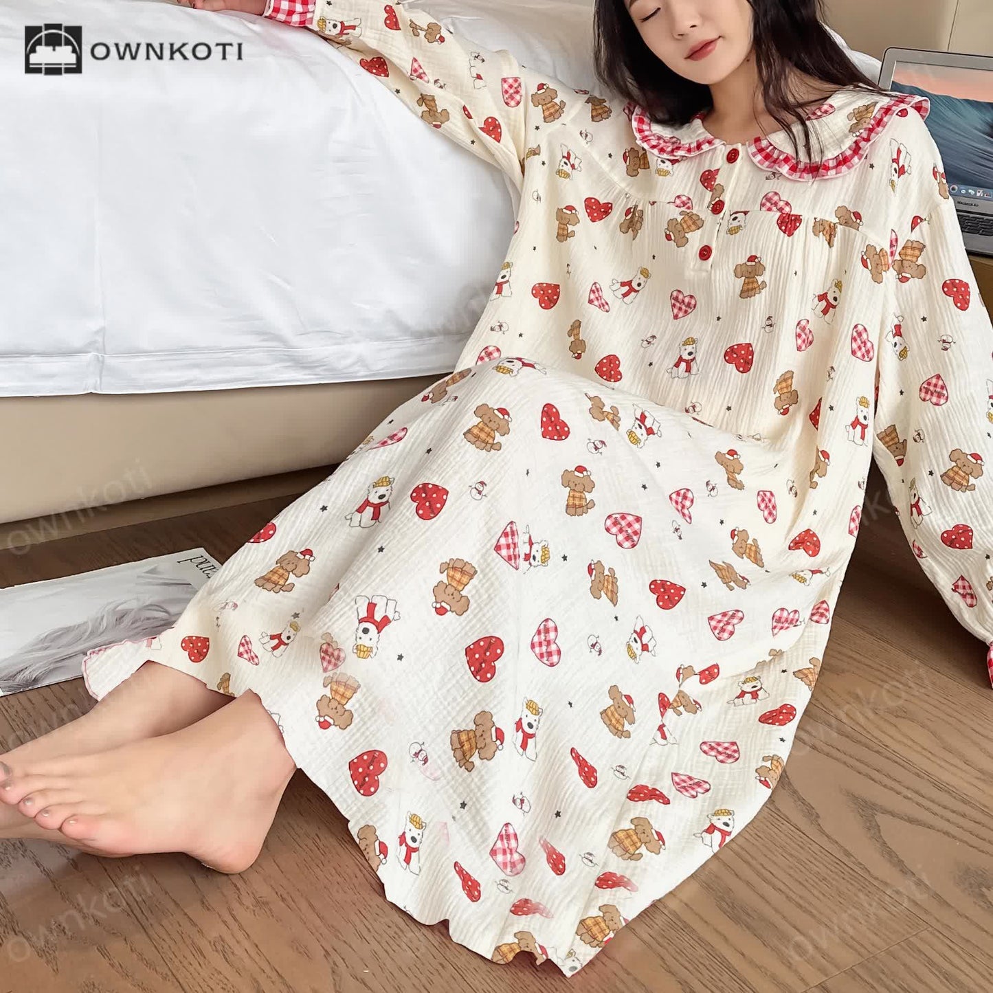 Plus Size Cotton Doll Collar Long Nightgown