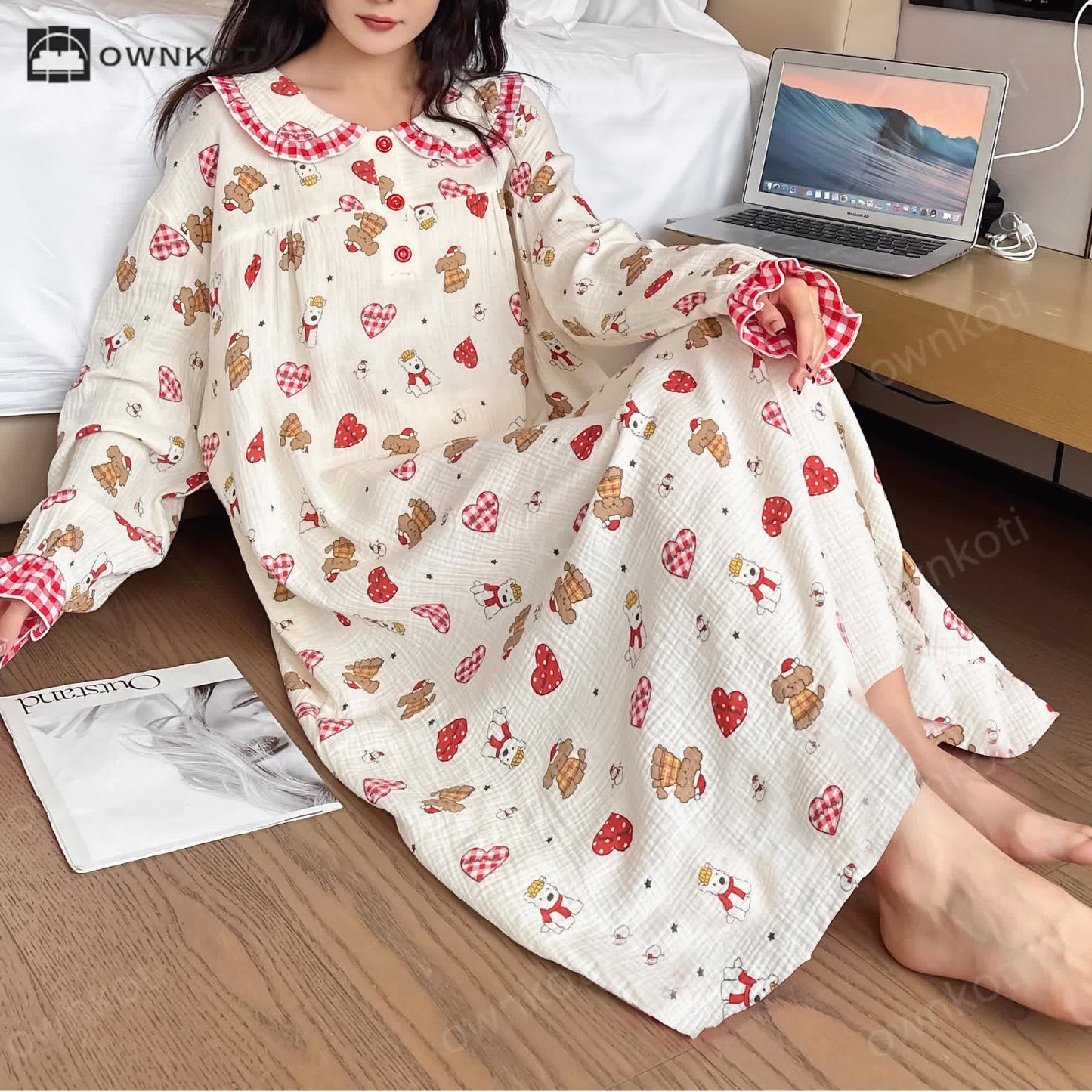 Plus Size Cotton Doll Collar Long Nightgown