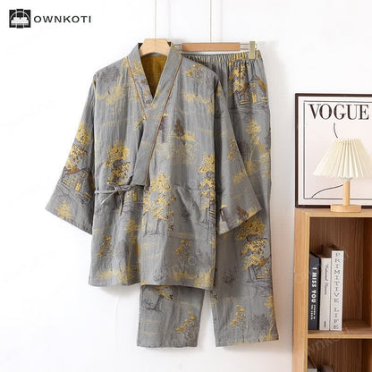 Neutral Landscape Kimono Cotton Pajama Set