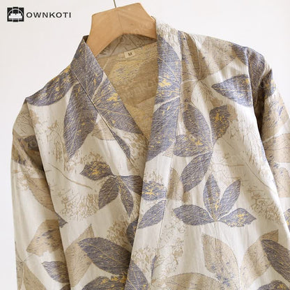 Breathable Cotton Gauze Leaf Print Bathrobe