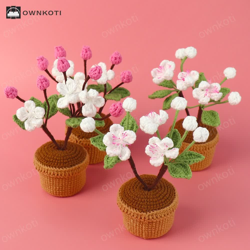 Crocheted Plum Blossom Potted Desktop Ornament