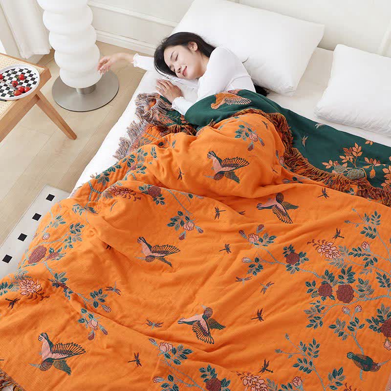 Bird & Flower Cotton Gauze Reversible Quilt