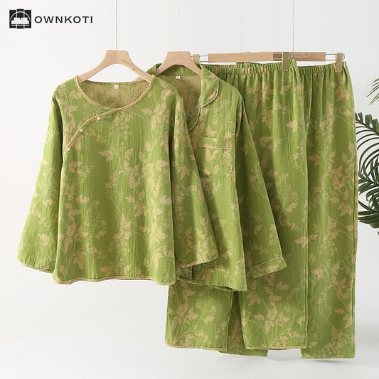 Green Vine Cotton Gauze Pajama Set