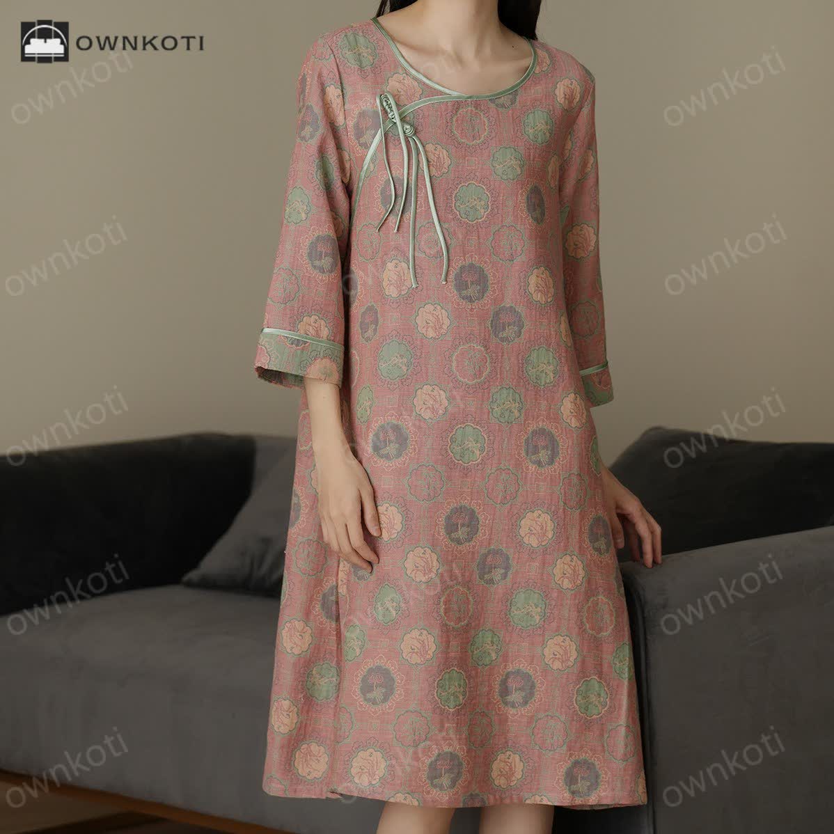 Three-quarter Sleeves Cotton Gauze Nightgown