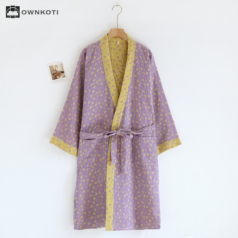 Jacquard Floral Cotton Gauze Kimono Bathrobe