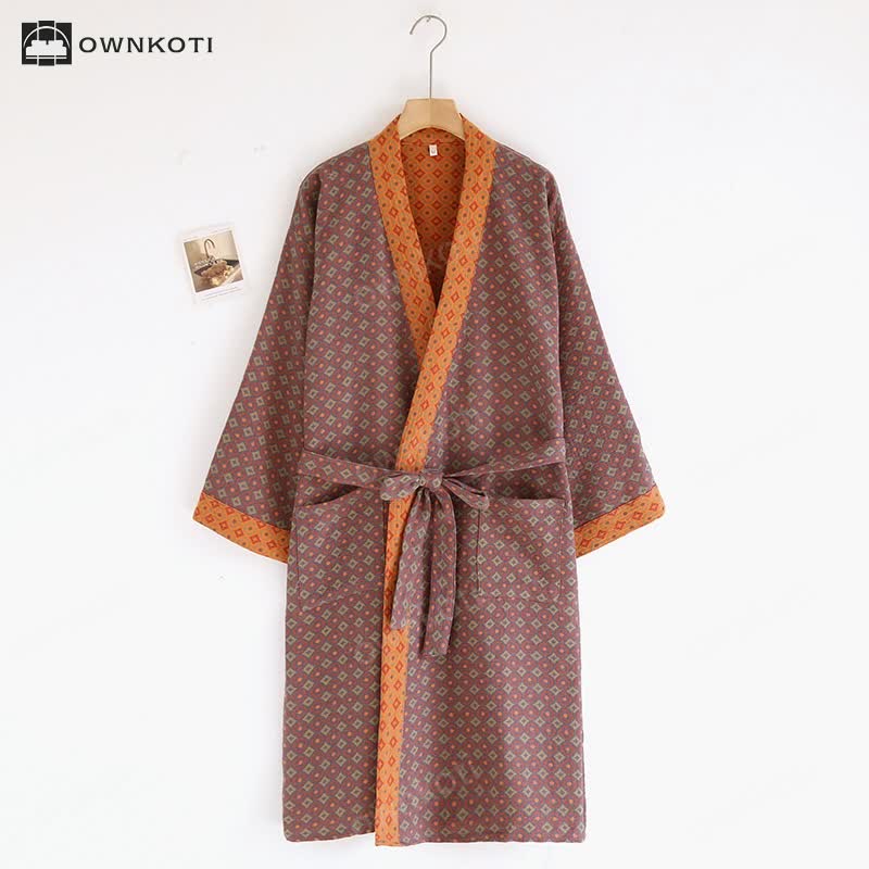 Cotton Gauze Diamond Print Kimono Bathrobe