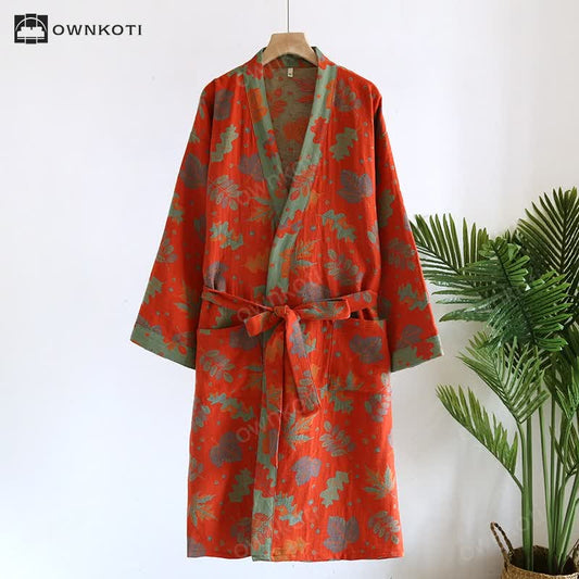 Cotton Gauze Elegant Leaf Soft Bathrobe