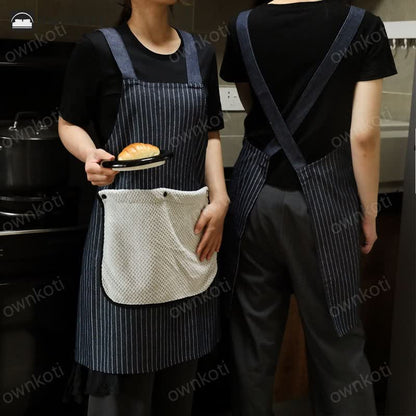 Simple Striped Kitchen Apron with Pocket