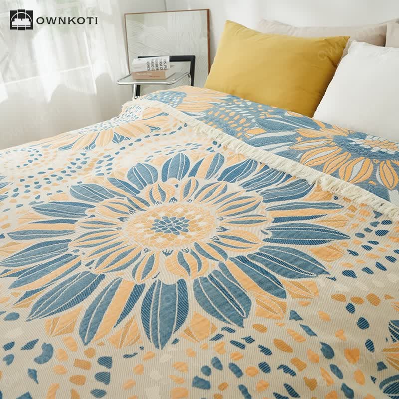 Blooming Sunflower Cotton Gauze Tassel Quilt