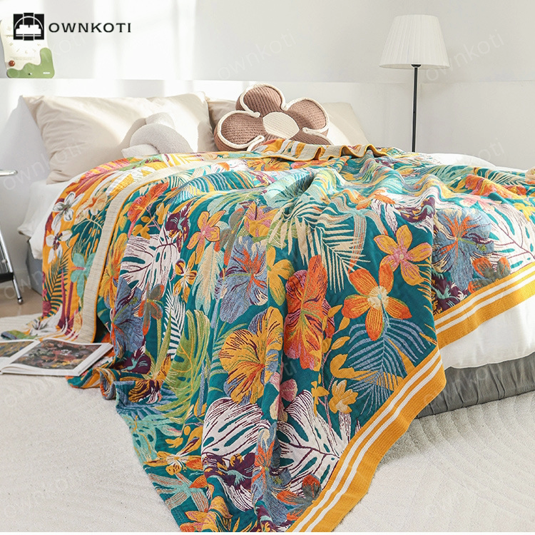 Vibrant Flower Leaf Cotton Gauze Quilt